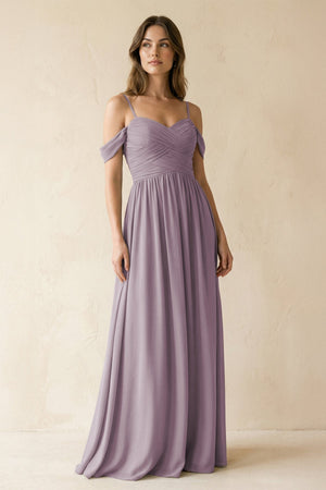 Dusk A-Line Off-the-Shoulder Pleated Chiffon Bridesmaid Dress | KISSBRIDAL