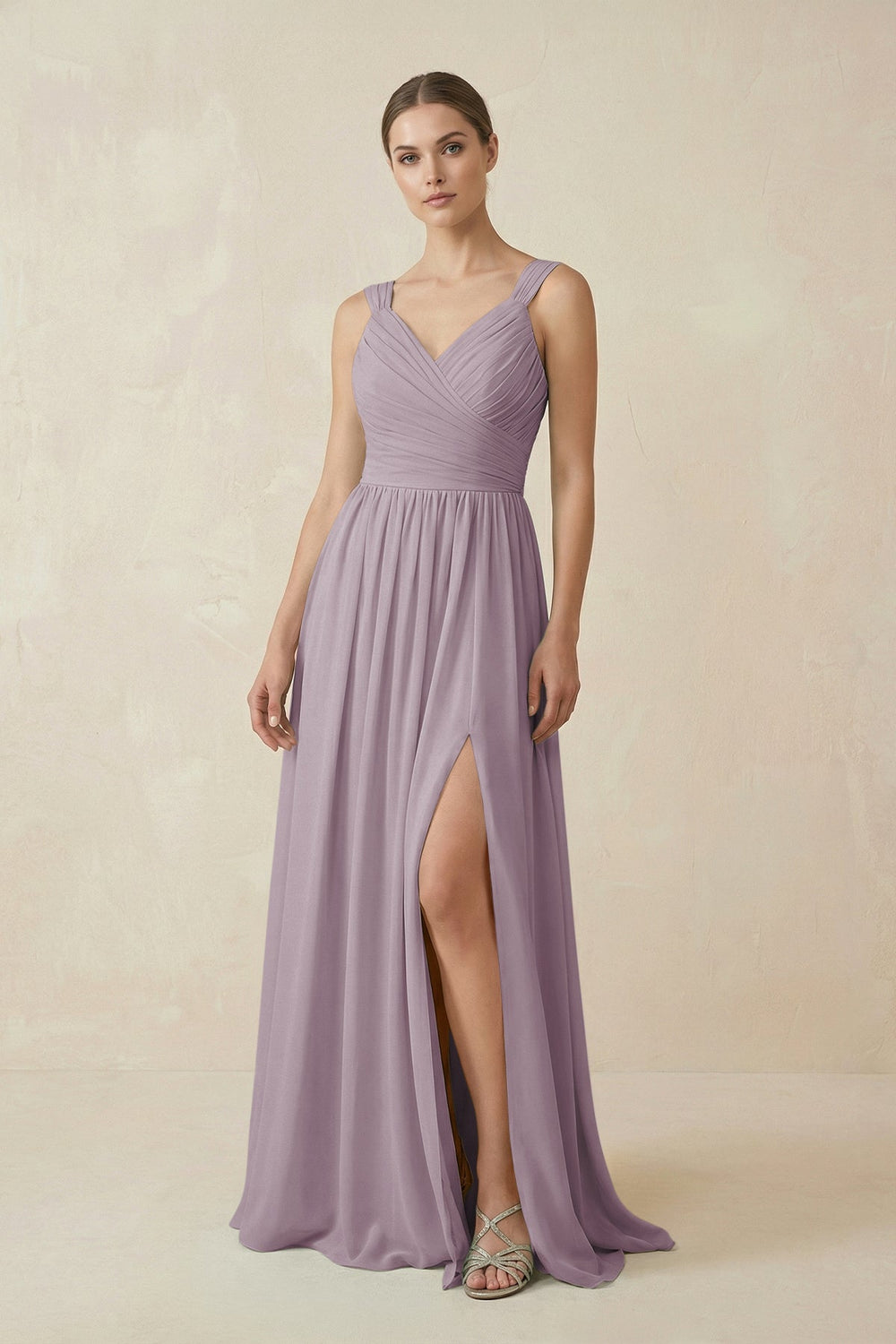 A-Line Pleated Chiffon Long Bridesmaid Dress in Dusk