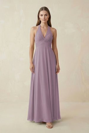 Dusk A-Line Pleated Chiffon V-Neck Bridesmaid Dress | KISSBRIDAL