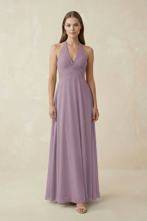 Dusk A-Line Pleated Chiffon V-Neck Bridesmaid Dress | KISSBRIDAL