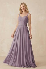 Dusk A-Line Pleated Long Chiffon Bridesmaid Dress | KISSBRIDAL