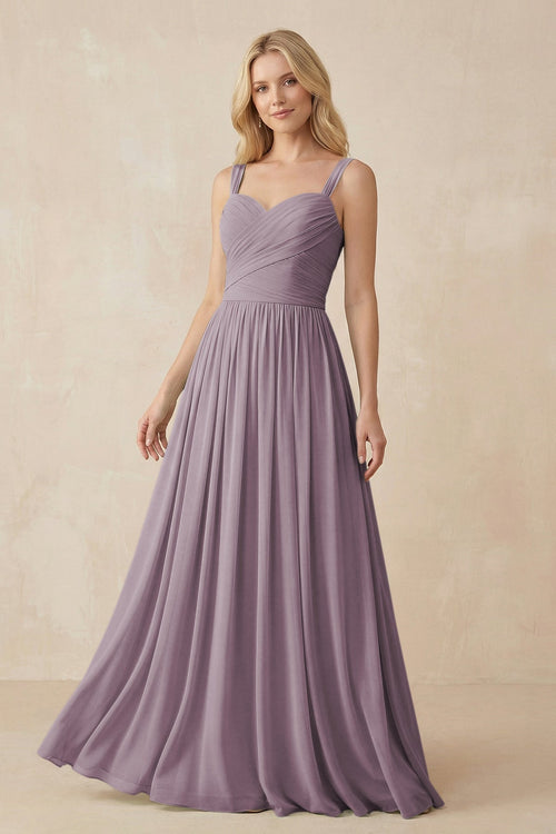 Dusk A-Line Pleated Long Chiffon Bridesmaid Dress | KISSBRIDAL