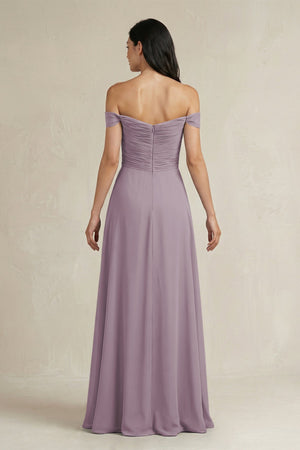 Dusk A-Line Pleated Off-the-Shoulder Chiffon Bridesmaid Dress (2) | KISSBRIDAL