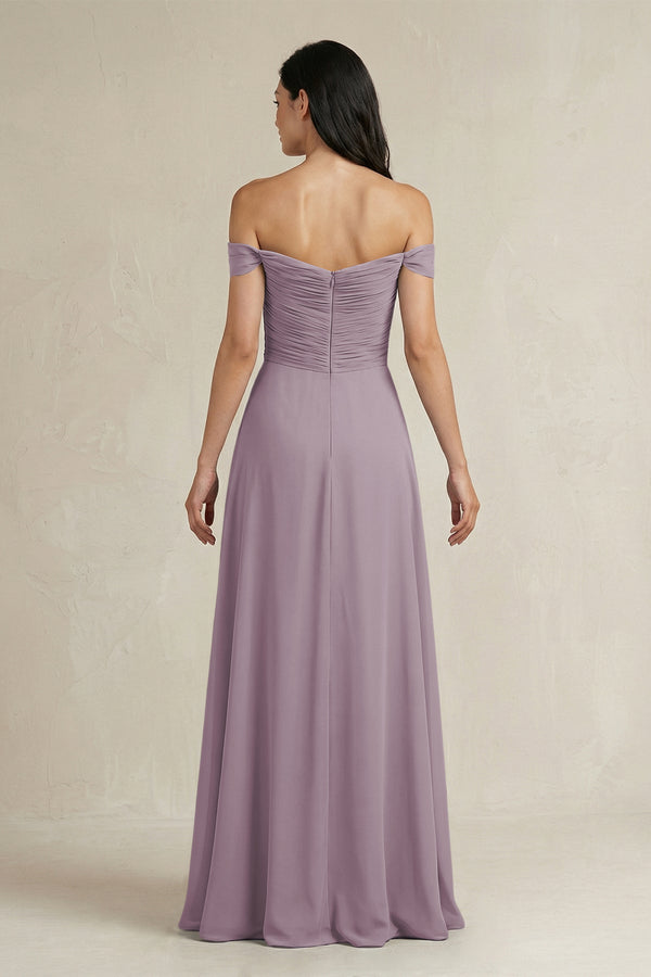 Dusk A-Line Pleated Off-the-Shoulder Chiffon Bridesmaid Dress (2) | KISSBRIDAL