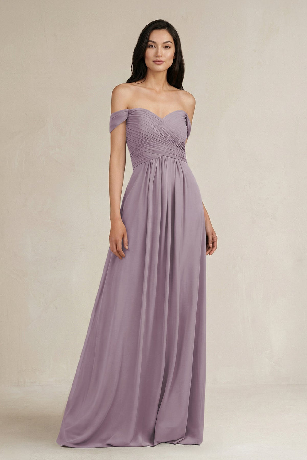 A-Line Pleated Off-the-Shoulder Chiffon Bridesmaid Dress in Dusk