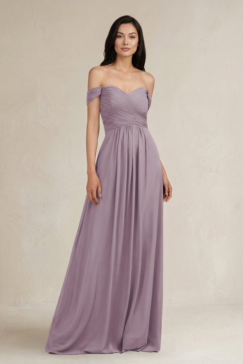 Dusk A-Line Pleated Off-the-Shoulder Chiffon Bridesmaid Dress | KISSBRIDAL