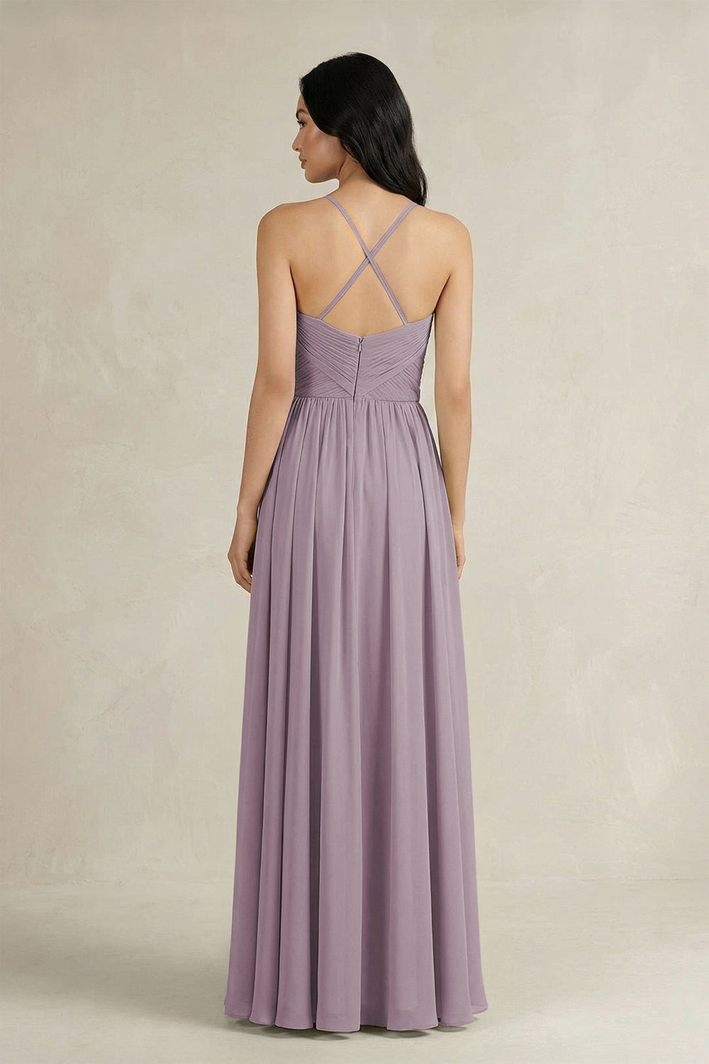 A-Line Pleated Spaghetti Strap Chiffon Bridesmaid Dress in Dusk