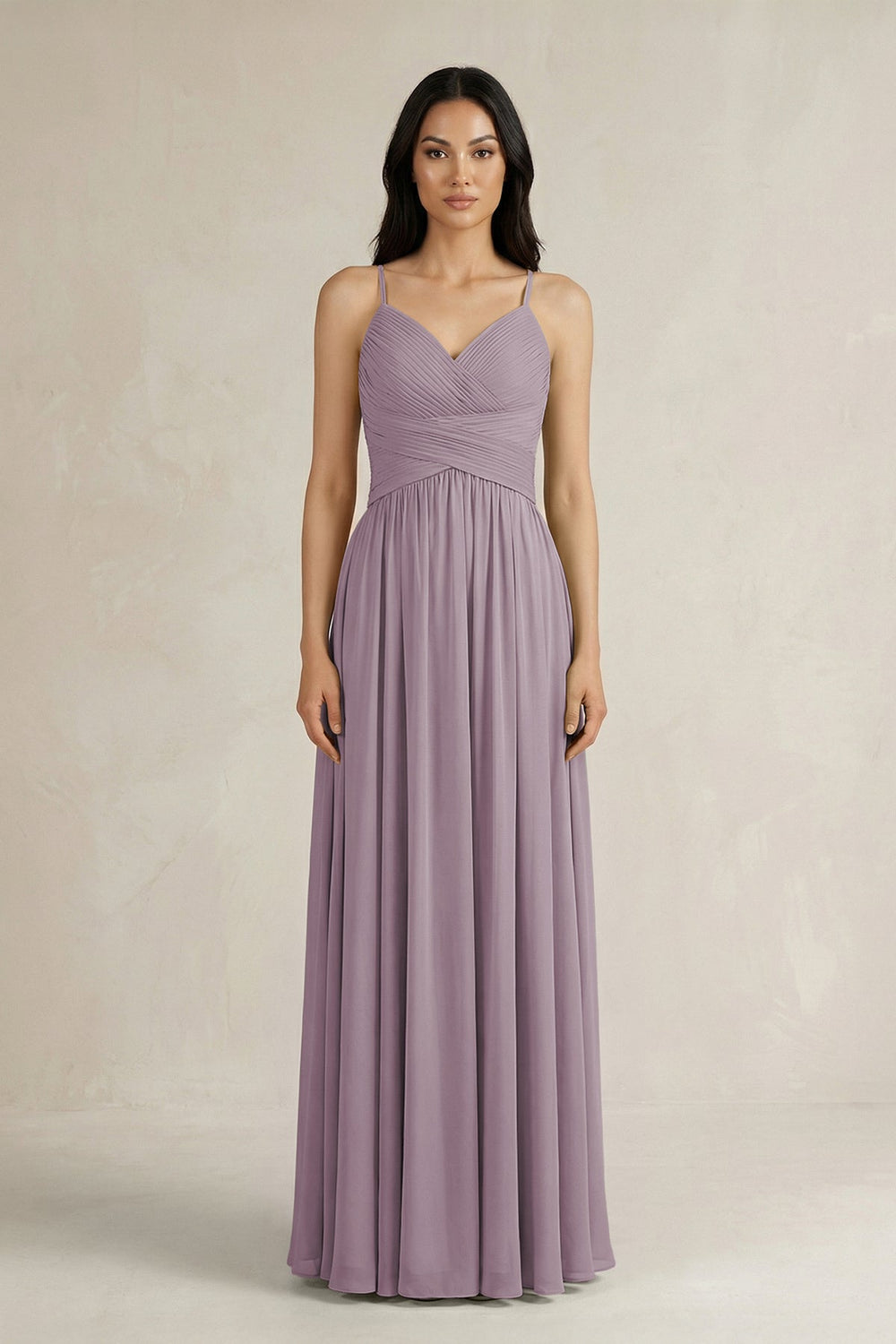 A-Line Pleated Spaghetti Strap Chiffon Bridesmaid Dress in Dusk
