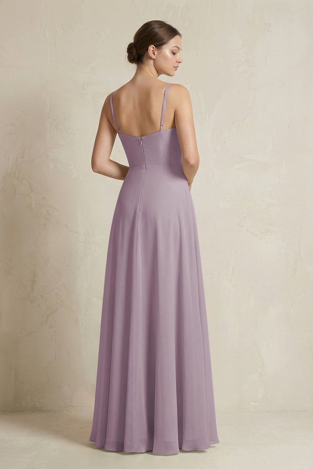 A-Line Ruffled Spaghetti Strap Chiffon Bridesmaid Dress in Dusk