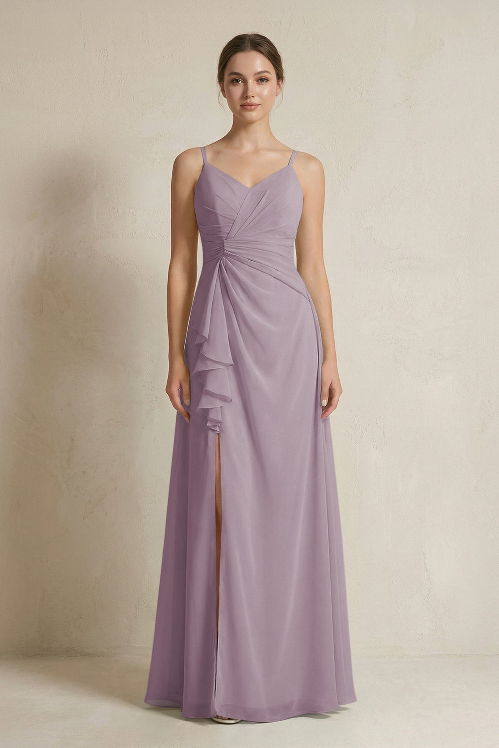 A-Line Ruffled Spaghetti Strap Chiffon Bridesmaid Dress in Dusk
