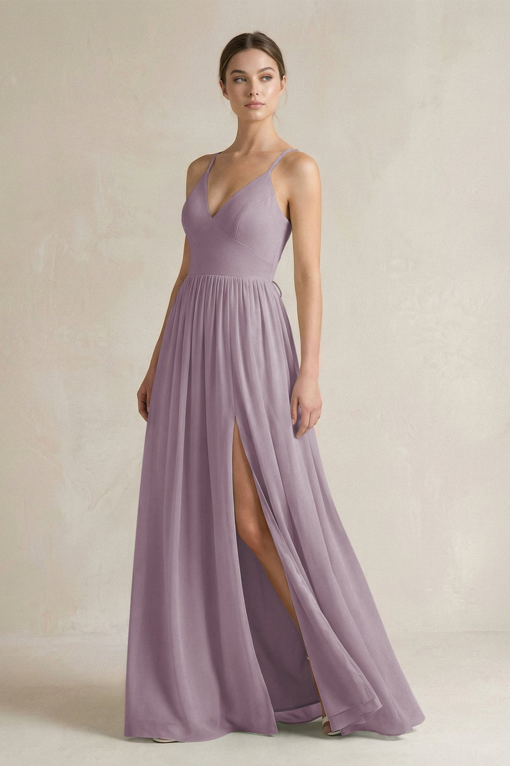 A-Line Spaghetti Strap Chiffon Bridesmaid Dress in Dusk