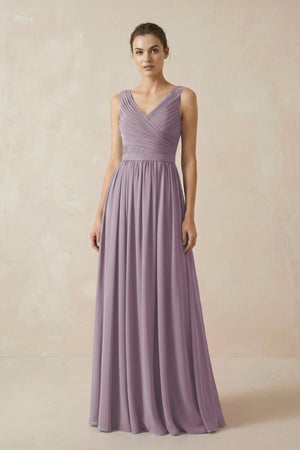 Dusk A-Line V-Neck Pleated Chiffon Bridesmaid Dress | KISSBRIDAL