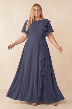 Dusk Blue Short Sleeves Bateau A-Line Chiffon Bridesmaid Dress [sizeplus] | KISSBRIDAL