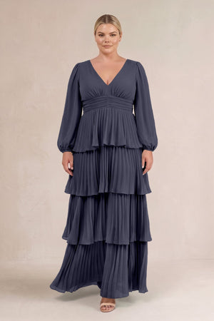 Dusk Blue V-Neck Tiered A-Line Long Sleeve Bridesmaid Dress (3) [sizeplus] | KISSBRIDAL
