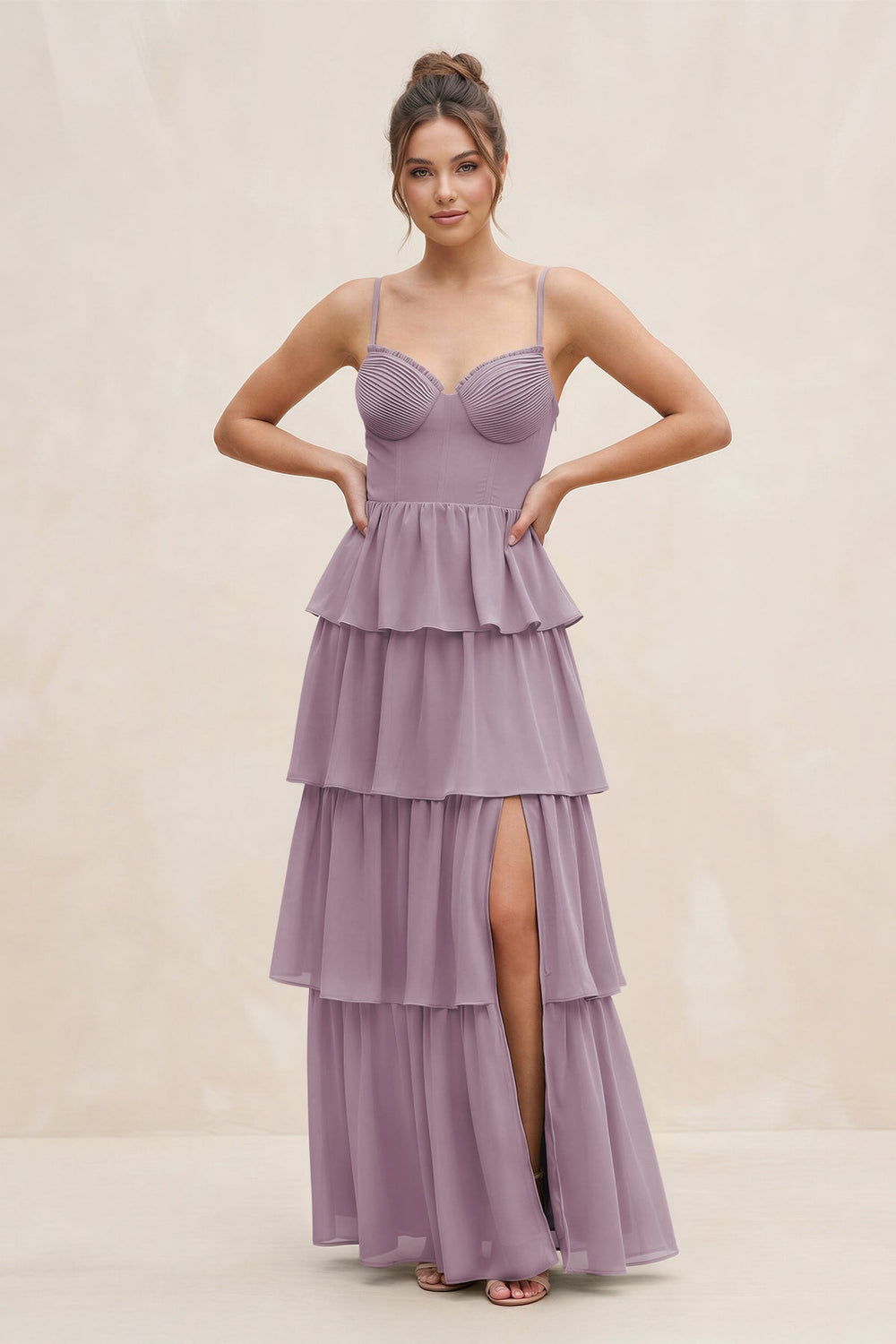 Cami Strap Tiered A-Line Chiffon Bridesmaid Dress in Dusk
