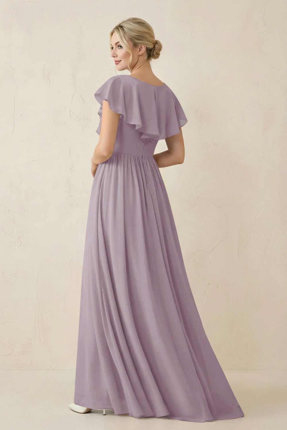 Cap Sleeve A-Line Ruffled Chiffon Bridesmaid Dress in Dusk