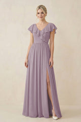 Dusk Cap Sleeve A-Line Ruffled Chiffon Bridesmaid Dress | KISSBRIDAL