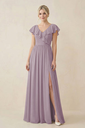 Dusk Cap Sleeve A-Line Ruffled Chiffon Bridesmaid Dress | KISSBRIDAL