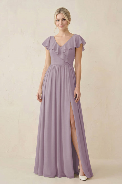 Dusk Cap Sleeve A-Line Ruffled Chiffon Bridesmaid Dress | KISSBRIDAL