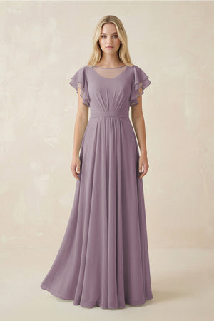 Dusk Cap Sleeve Ruffled A-Line Chiffon Bridesmaid Dress | KISSBRIDAL