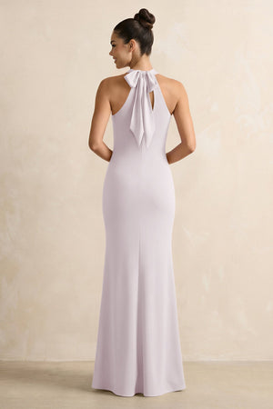 Dusk Crisscross Halter Sheath Satin Bridesmaid Dress with Bow (2) | KISSBRIDAL