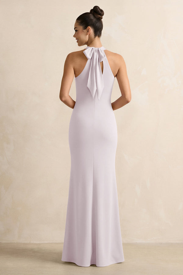 Dusk Crisscross Halter Sheath Satin Bridesmaid Dress with Bow (2) | KISSBRIDAL