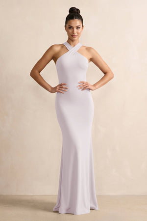 Dusk Crisscross Halter Sheath Satin Bridesmaid Dress with Bow | KISSBRIDAL