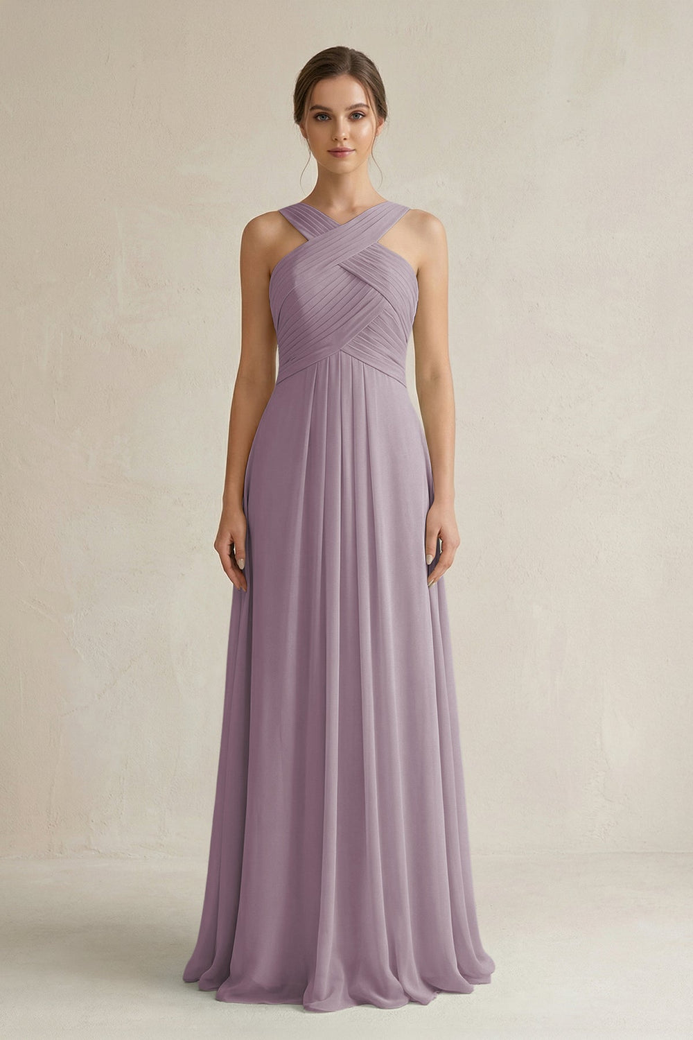 Cross Halter Chiffon A-Line Pleated Bridesmaid Dress in Dusk