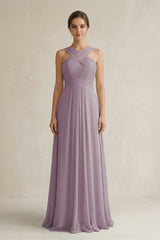 Dusk Cross Halter Chiffon A-Line Pleated Bridesmaid Dress | KISSBRIDAL