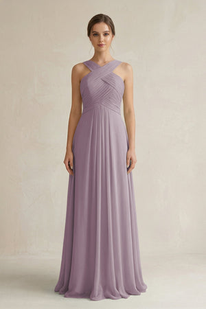Dusk Cross Halter Chiffon A-Line Pleated Bridesmaid Dress | KISSBRIDAL