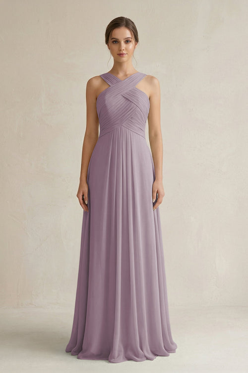 Dusk Cross Halter Chiffon A-Line Pleated Bridesmaid Dress | KISSBRIDAL