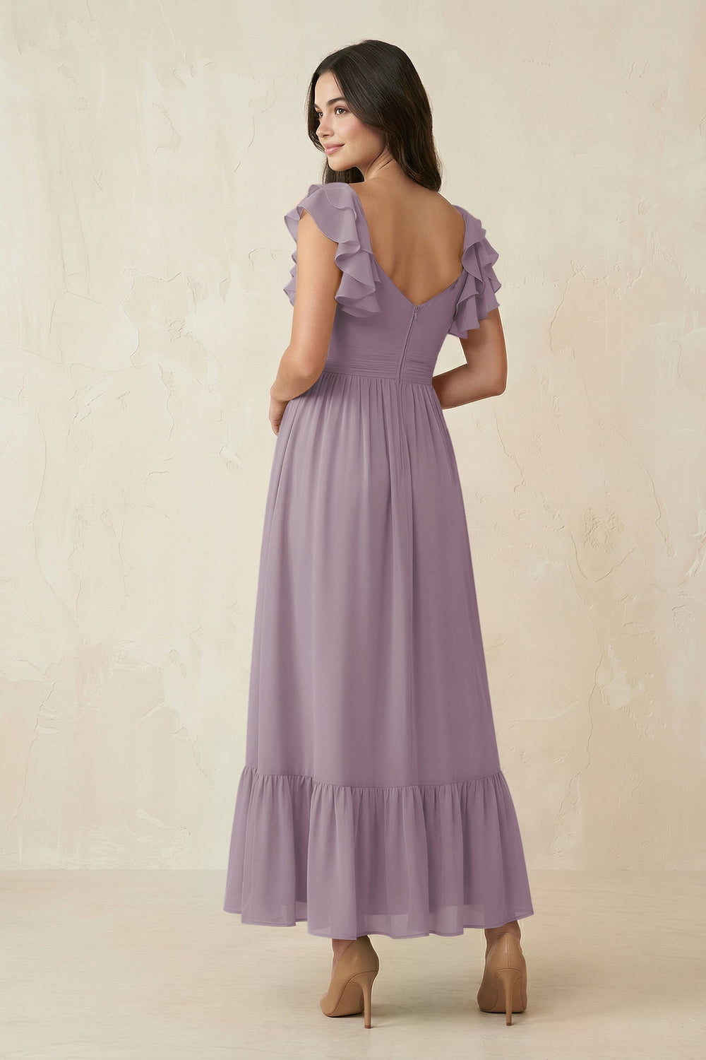 Flutter Sleeve Sweetheart A-Line Chiffon Bridesmaid Dress in Dusk