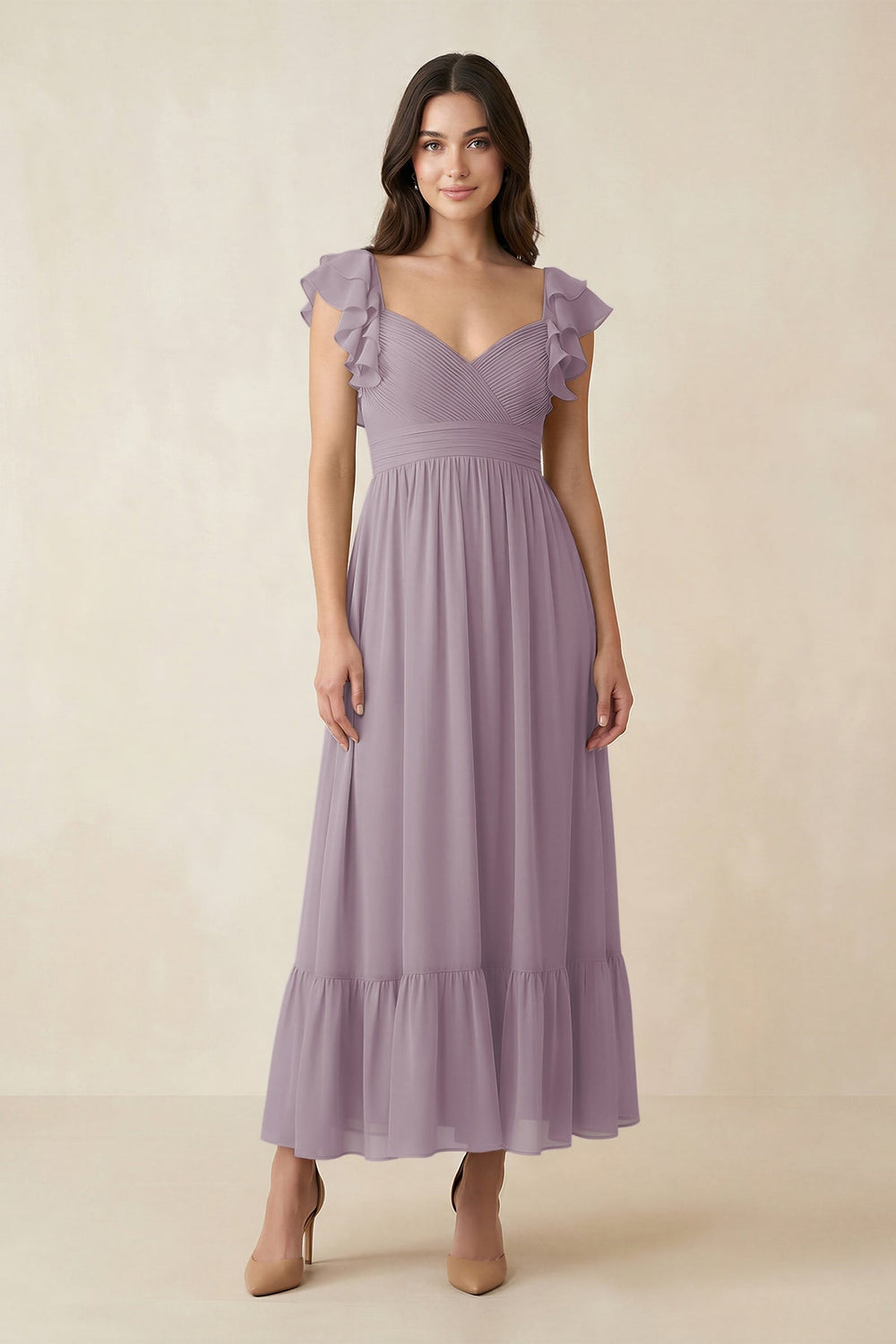Flutter Sleeve Sweetheart A-Line Chiffon Bridesmaid Dress in Dusk