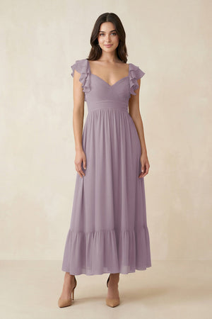 Dusk Flutter Sleeve Sweetheart A-Line Chiffon Bridesmaid Dress | KISSBRIDAL