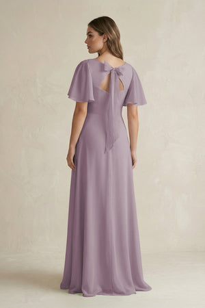 Dusk Flutter Sleeve V-Neck A-Line Chiffon Bridesmaid Dress (2) | KISSBRIDAL
