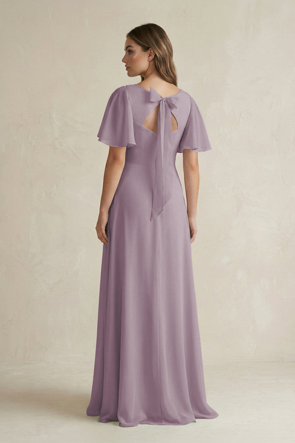 Dusk Flutter Sleeve V-Neck A-Line Chiffon Bridesmaid Dress (2) | KISSBRIDAL