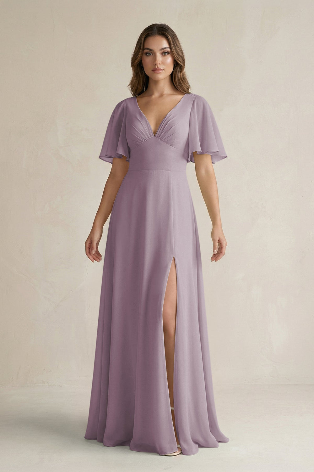 Flutter Sleeve V-Neck A-Line Chiffon Bridesmaid Dress in Dusk