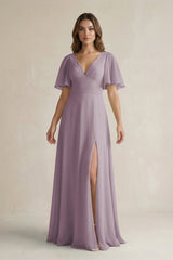 Dusk Flutter Sleeve V-Neck A-Line Chiffon Bridesmaid Dress | KISSBRIDAL