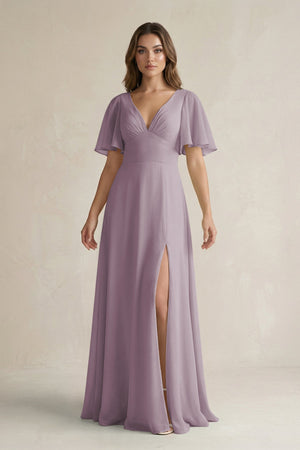 Dusk Flutter Sleeve V-Neck A-Line Chiffon Bridesmaid Dress | KISSBRIDAL