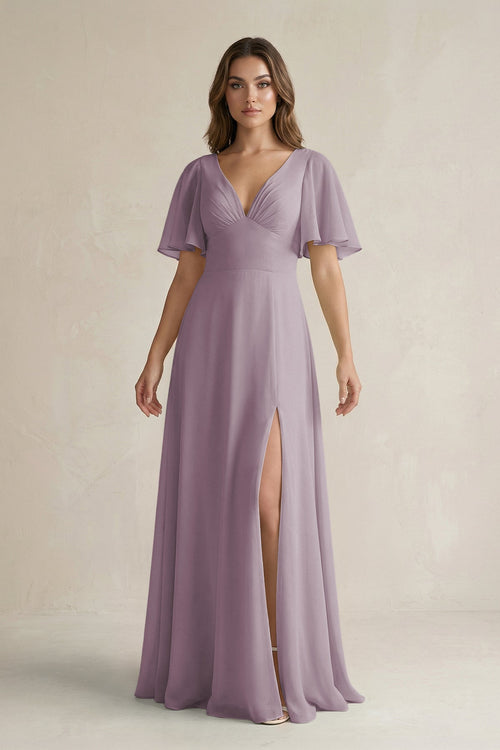 Dusk Flutter Sleeve V-Neck A-Line Chiffon Bridesmaid Dress | KISSBRIDAL