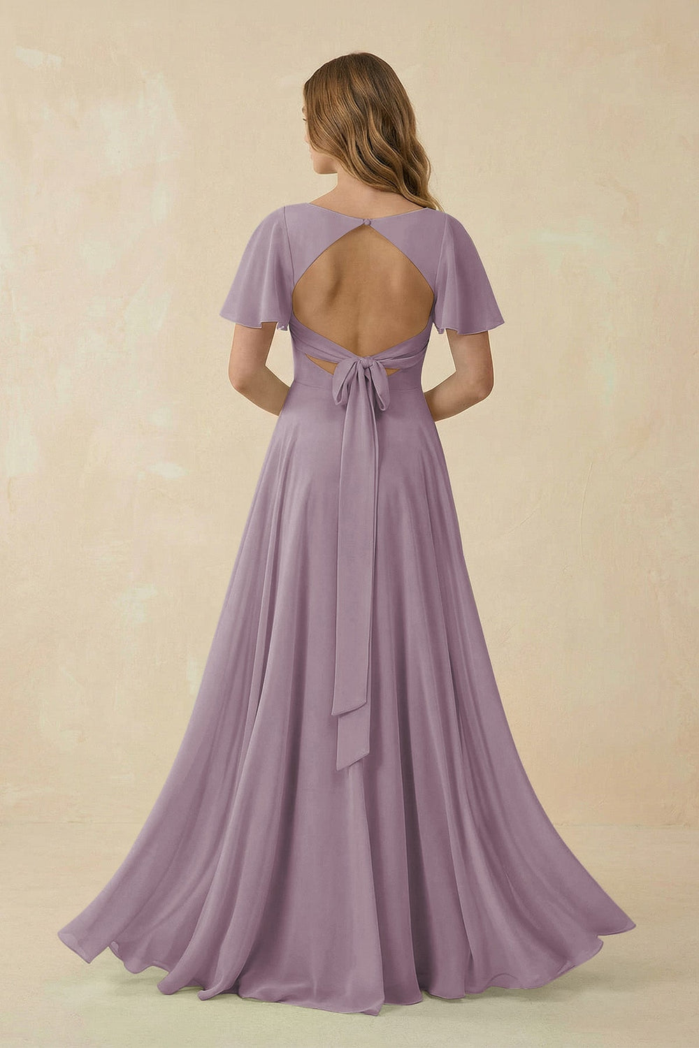Flutter Sleeve V-Neck Chiffon A-Line Bridesmaid Dress in Dusk