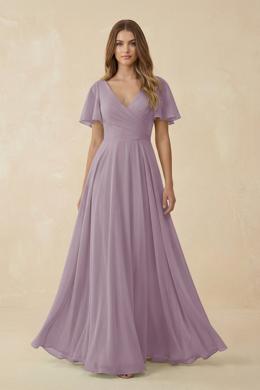 Flutter Sleeve V-Neck Chiffon A-Line Bridesmaid Dress in Dusk