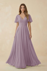 Dusk Flutter Sleeve V-Neck Chiffon A-Line Bridesmaid Dress | KISSBRIDAL