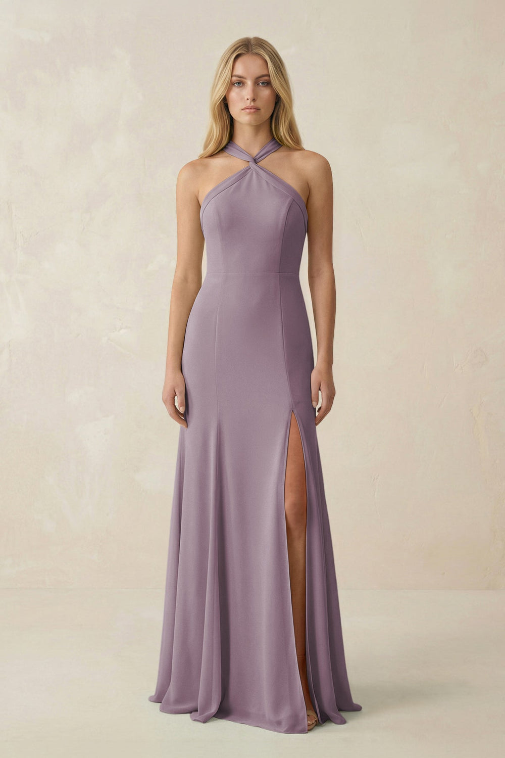 Halter Chiffon Mermaid Ruched Bridesmaid Dress in Dusk