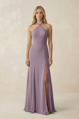 Dusk Halter Chiffon Mermaid Ruched Bridesmaid Dress | KISSBRIDAL