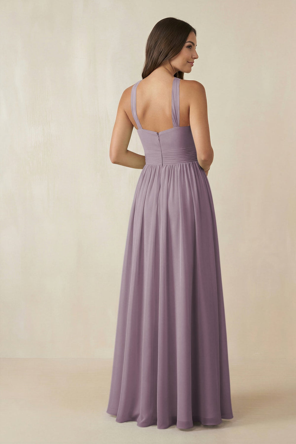 Halter Neck Ruched A-Line Chiffon Bridesmaid Dress in Dusk