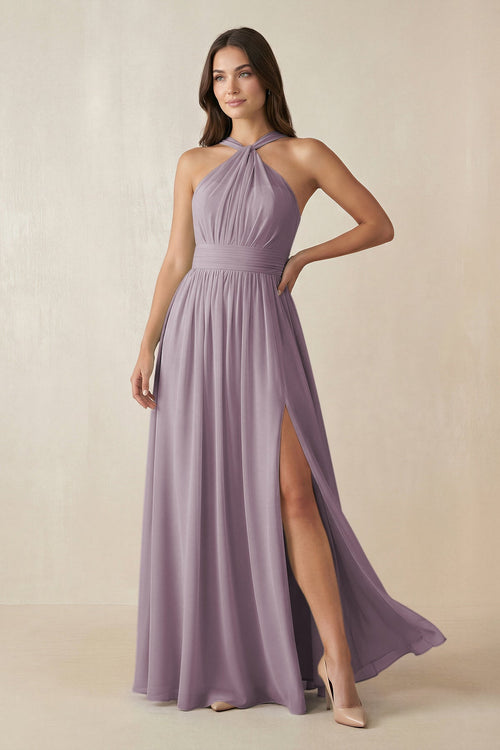 Dusk Halter Neck Ruched A-Line Chiffon Bridesmaid Dress | KISSBRIDAL