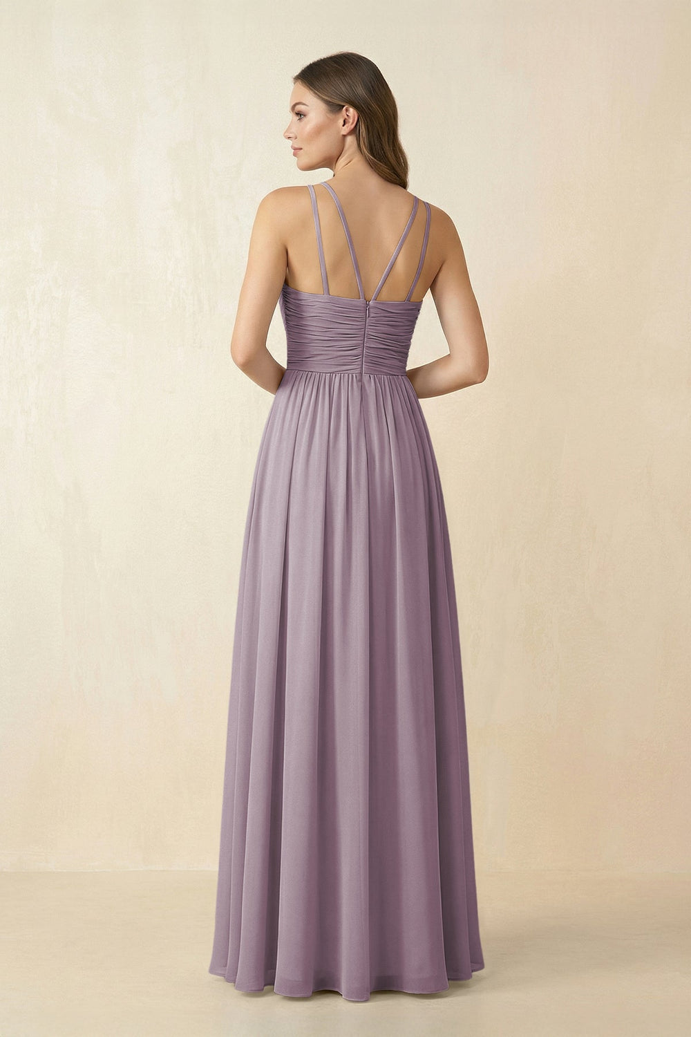 Halter Pleated A-Line Chiffon Bridesmaid Dress in Dusk