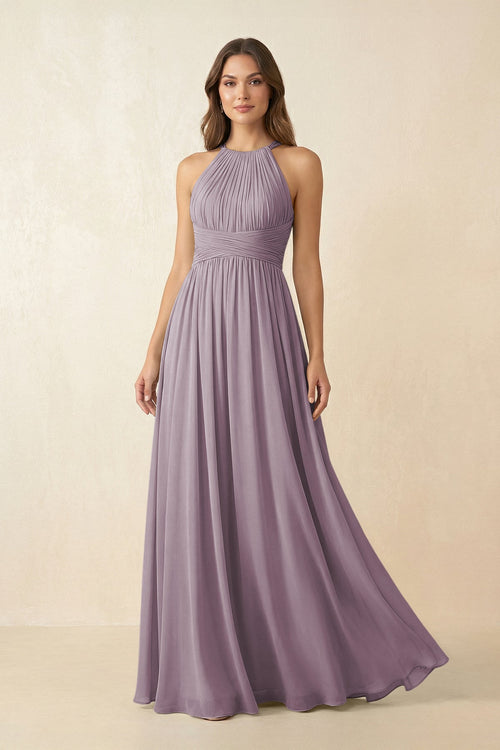 Dusk Halter Pleated A-Line Chiffon Bridesmaid Dress | KISSBRIDAL