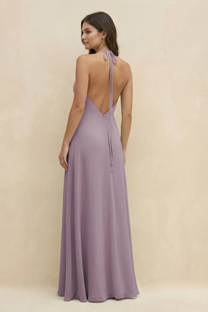 Dusk Halter Sheath Long Chiffon Bridesmaid Dress (2) | KISSBRIDAL